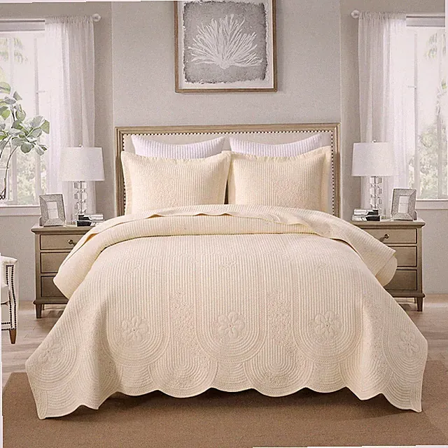 3 Pcs Cotton Embroidered Bedspread Set with Floral Stitching & Scalloped Edge