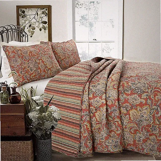 BEAUTIFUL CHIC RICH BROWN COPPER GREY BLUE YELLOW SCROLL LEAF SOFT QUILT SET