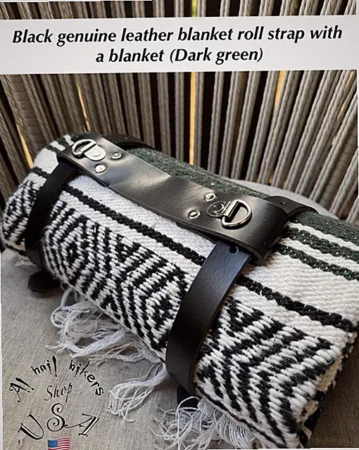Black Genuine Leather Blanket Roll / Bed Roll Strap With A Blanket (Dark Green)
