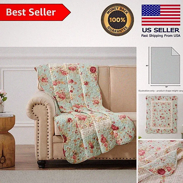 Classic Blue Floral Throw Blanket - Reversible Quilted Design, 50x60 inches