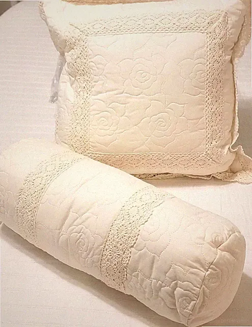 Clever Carriage Home White French Crochet Ivory Quilted Roll Pillow & Square Set