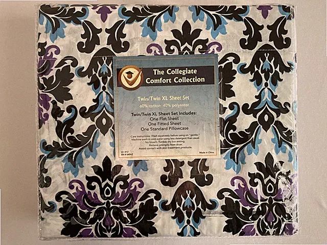 Collegiate Comfort Twin Sheet Set Black White Purple Blue Boho Scroll Print NEW