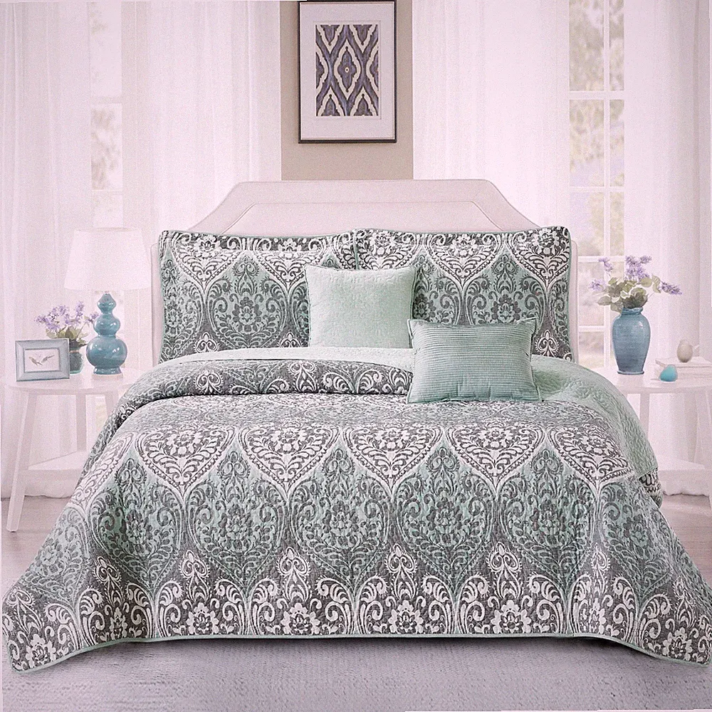 HST 5 Piece Kingston Damask Printed Microfiber Quilts Set Queen King Lightweight