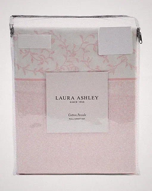 Laura Ashley Cotton Percale KING Sheet set Victoria Scroll pink white NEW