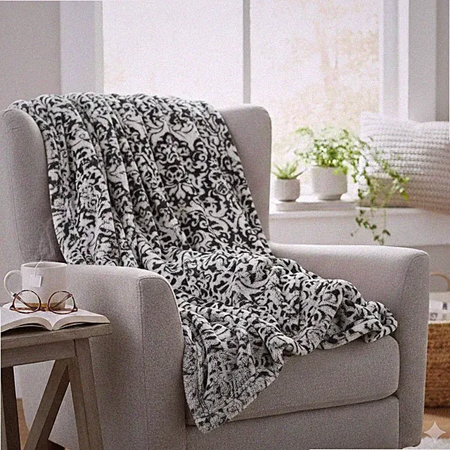 Luxury Damask Print Plush Throw - Black & White Scroll Pattern | 50" x 60"