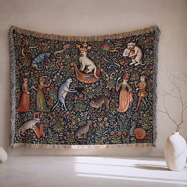 Medieval Cats Festival Woven Tapestry Blanket