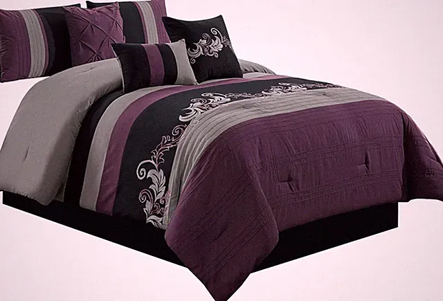 Napa 7-Piece Luxury Leaves Scroll Embroidery Bedding Comforter Set (Queen, Purpl
