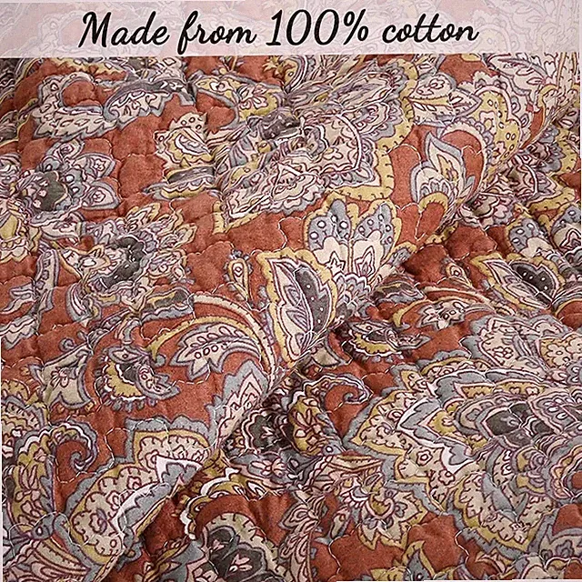 NEW! ~ COZY CHIC RICH BROWN COPPER GREY BLUE YELLOW SCROLL LEAF SOFT QUILT SET