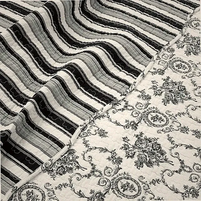 NEW! ~ COZY COTTAGE CHIC WHITE BLACK FLORAL FRENCH ROSE SCROLL SOFT QUILT SET