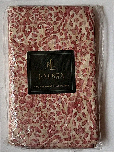 NEW! PAIR Ralph Lauren ~SAN LUCA SCROLL Standard PILLOWCASES Red RARE TAN CREAM