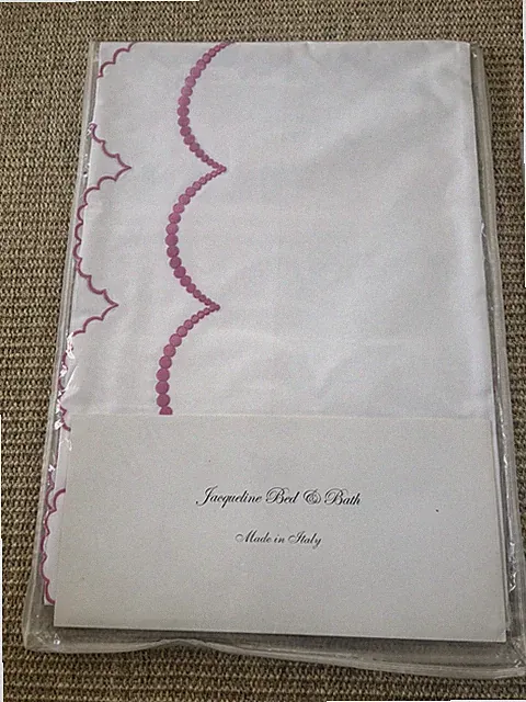 NIP Luxury Italian Embroidered Twin Flat Sheet & Neck Roll Sham White/Pink