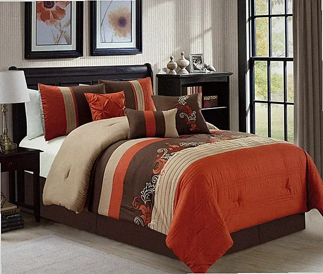 Orange Beige Brown Pintuck Leaf Scroll 7pc Comforter Set Full Queen Cal King Bed