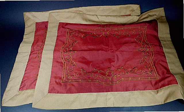 Pair of Pillow Shams - Burgundy w Gold Border & Leafy Scroll Embroidery 27"x33"