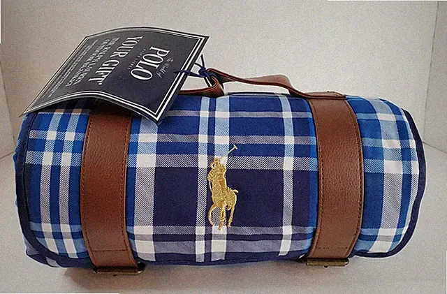Polo Ralph Lauren Blue Plaid Outdoor Blanket Roll Up Travel Picnic - New
