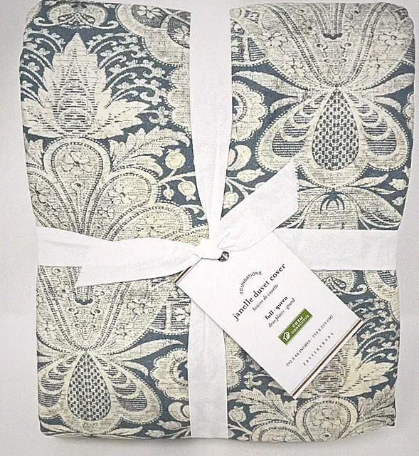 Pottery Barn Janelle Duvet Cover Scroll Damask Cotton ~Full Queen~Blue NEW