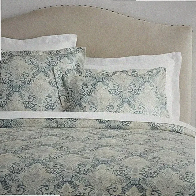 Pottery Barn Janelle Scroll Print Damask Blue Cream Duvet Cover Full / Queen NWT