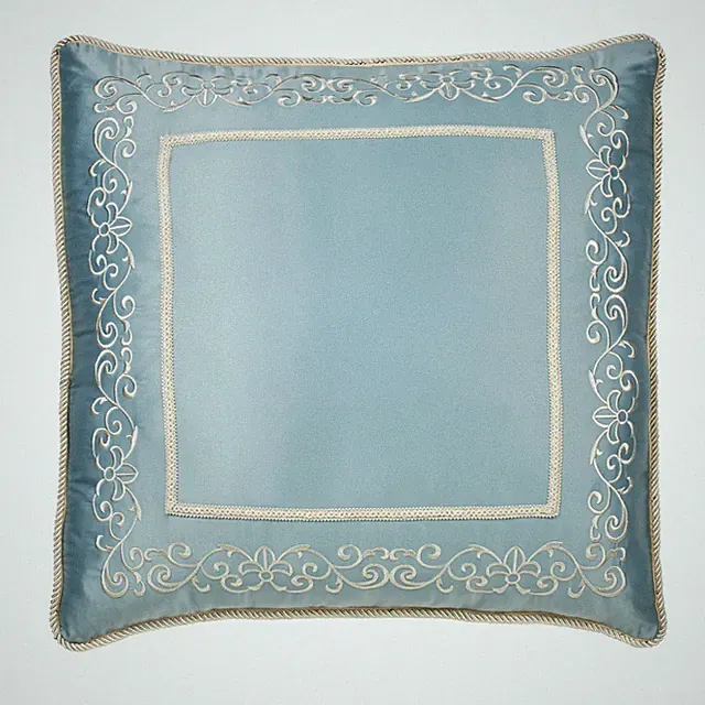 Romantic Regency Embroidered Scrolls on Parisian Blue Corded Sham